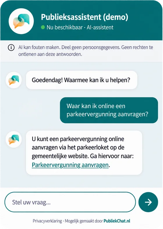 Voorbeeld van de PubliekChat-publieksassistent die een vraag over een parkeervergunning beantwoordt.